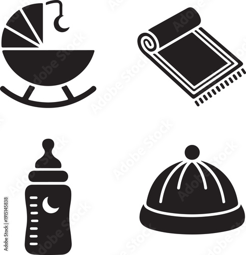 Four black and white baby-related including a stroller, diaper, bottle, and cap