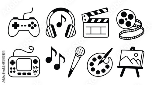 Black line icons of various creative and entertainment related objects