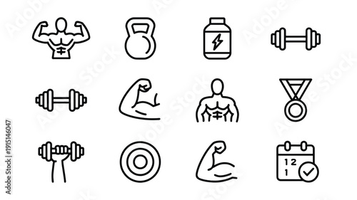 black line icons of various fitness symbols and objects in rows