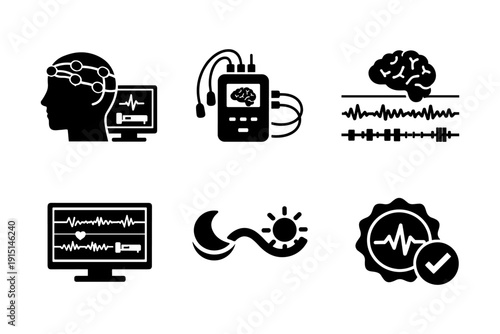 Brainwave health monitoring and diagnostics solid black icon set. Vector illustration