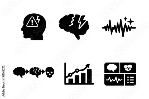 Brain health alert, neurological condition, cognitive disorder, brain injury, brainwave, solid black icon set