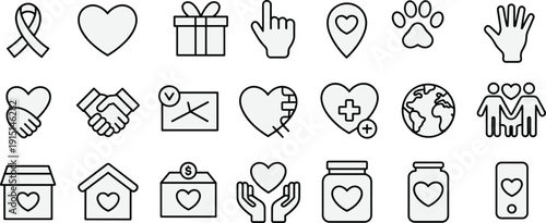 Charity and donation outline icon collection, love support symbols with ribbon, heart, fundraising and helping hands elements