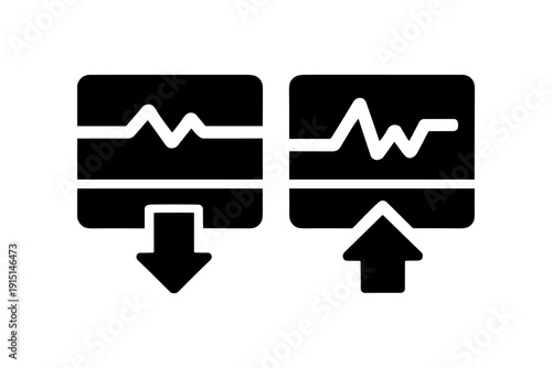 Solid black icon set vector illustration heart monitor signal up down arrows healthcare analytics