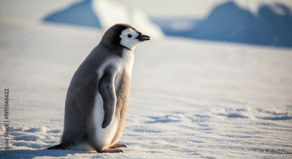 Fototapeta premium Young penguin standing on snow looking to the side with icebergs background