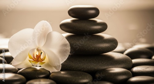 Zen stones and white orchid flower spa and wellness background design