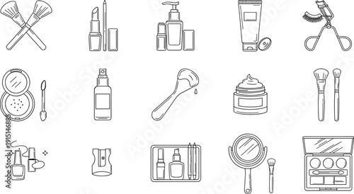 Makeup and Beauty Line Icon Set Cosmetic Products Tools Collection Lipstick Powder Brush Mirror Skincare Vector Illustration
