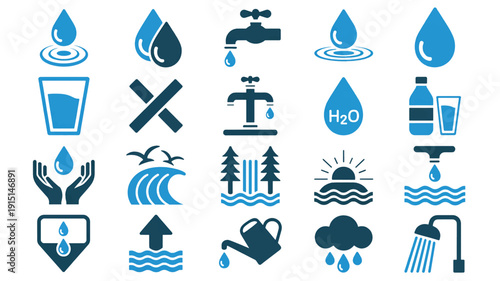 Collection of blue water icons and symbols for conservation and usage