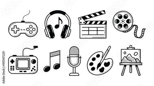 Collection of creative and entertainment related icons on white background