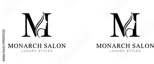 Monarch Salon Luxury Styles Vector Logo Template, Elegant Letter M with Woman Face Silhouette Icon, Minimalist Branding for Hairdresser, Beauty Spa, Cosmetics, and Fashion Studio.