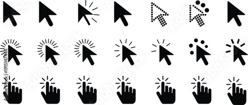 Cursor icon set collection, mouse pointer click symbols, hand click gestures, digital interface navigation elements isolated on white background