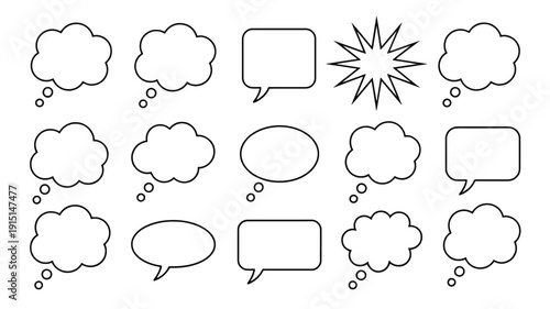 Collection of various comic book style speech bubbles and thought clouds for graphic design
