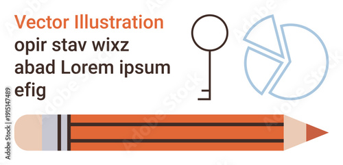Creativity, business strategy, data analysis, design, education, visual content. Pencil and key alongside pie chart and text. Creativity and business strategy conceptual illustration