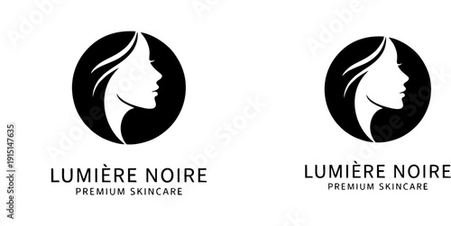 Lumiere Noire Premium Skincare Vector Logo Template, Elegant Woman Face Silhouette in Circle Icon, Minimalist Branding for Beauty Salon, Cosmetics, Spa, and Fashion Business.