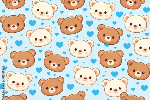 Cute vector seamless pattern featuring alternating brown and cream teddy bear faces with small blue hearts scattered on a light aqua background, ideal for baby shower invitations or nursery