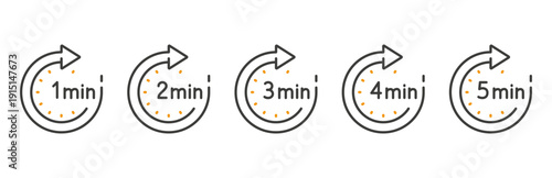 Collection clock icon. Countdown icons from 5 to 1 minute. Set editable line icons. Cooking or preparation time. Vector illustration eps 10.