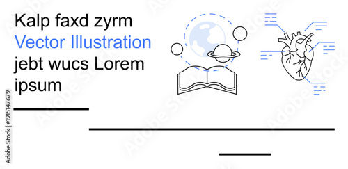 Education, science, technology, digital learning, graphic design, academic content. Open book with orbit, and anatomical heart with circuits. Education and science concept