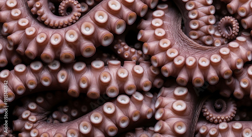 Intricate texture of multiple octopus tentacles with their rows of suction cups, showcasing the fascinating anatomy and unique patterns of this marine creature
