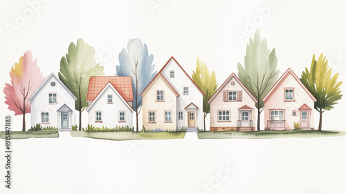 colorful houses and trees on green grass isolated on white background