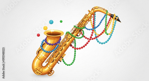 Vibrant saxophone adorned with colorful beads and confetti on white background symbolizing celebration and music
