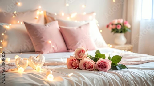 Romantic Bedroom with Pink Roses and Lights.
