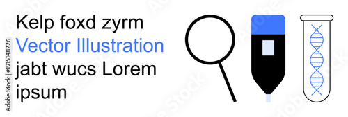 Science, laboratory research, genetics, biotechnology, molecular biology, educational materials. Magnifying glass, pipette and DNA test tube icons. Science and laboratory research concept
