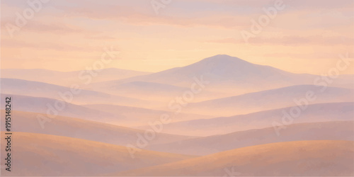 Golden sunlight glows over desert sand dunes under an orange sky at dawn as mist settles between distant mountain silhouettes in a breathtaking morning landscape