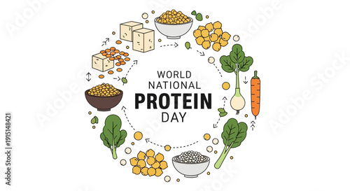 Illustration of World National Protein Day with various protein rich foods and icons in a circular composition with a mix of warm and earthy tones.