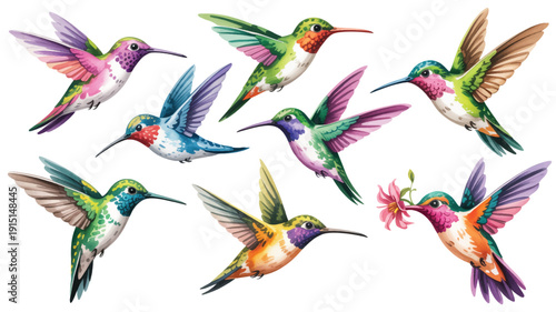 colorful hummingbirds in flight with wings spread wide and flowers