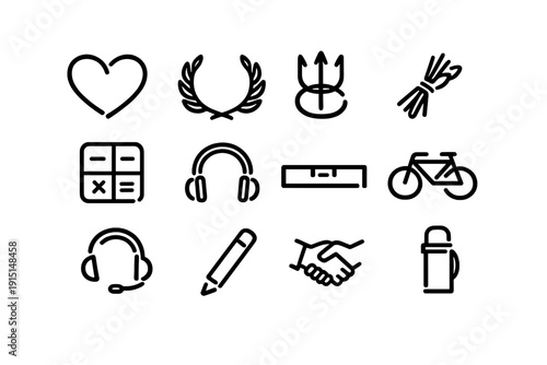 Minimalist black line icons set featuring heart laurel wreath trident calculator headphones bicycle pencil handshake and thermos isolated on