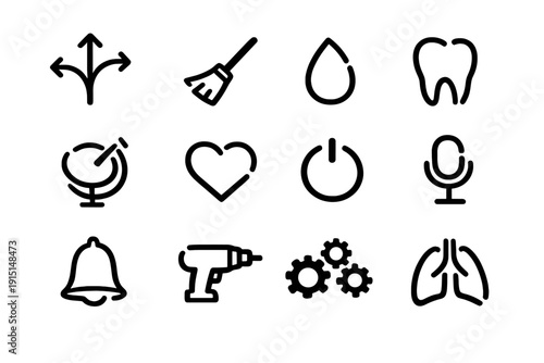 Minimalist black line icon set featuring heart globe tooth lungs gears power button bell microphone drill broom and water drop symbols