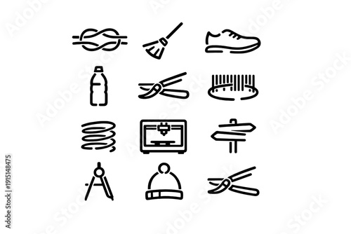 Collection of minimalist line icons featuring household items tools and equipment including garden shears water bottle and 3D printer