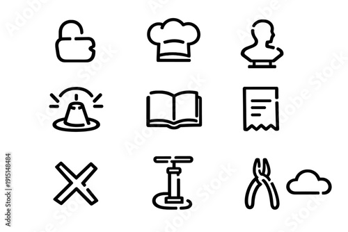 Set of minimalist black line icons including padlock chef hat bust alarm book receipt cross pump pliers and cloud on white background