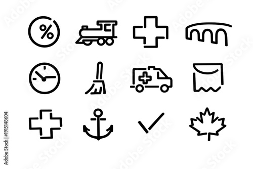 Minimalist black line icon set featuring medical cross ambulance steam train anchor maple leaf clock and percentage symbols