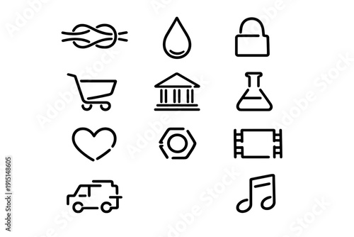 Black line icons featuring knot water drop padlock shopping cart bank building lab flask heart nut film strip van and music note