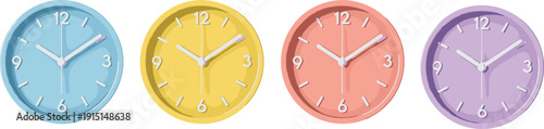 Four pastel wall clocks showing different times, colorful analog clock faces isolated on white background minimalist illustration