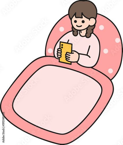 A girl lying under the covers looking at her phone