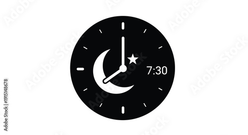 A minimalist clock face displaying 7 30 with lunar imagery silhouette