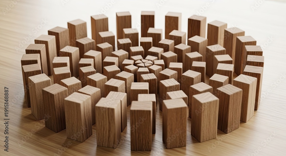 Obraz premium Wooden blocks arranged in a spiral pattern on a light wood surface