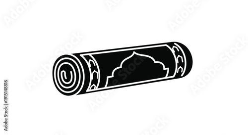 A rolled prayer rug with an arched window design silhouette