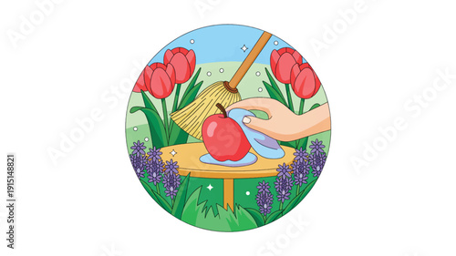 Hand wiping apple on table with broom and flowers in background