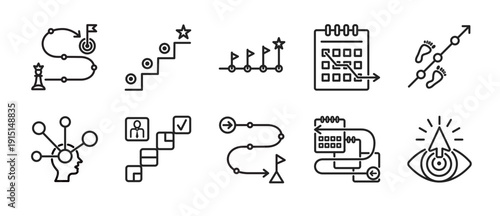 Strategy Roadmap and Long-Term Planning Icons – Minimalis Outline Business Strategy Set for Vision, Milestones, Goals, Execution Phases, Timeline, Progress Path & Future Planning Concepts