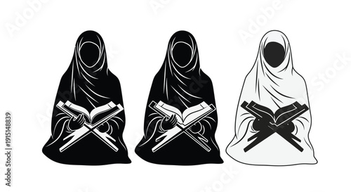 Three veiled women with books in a striking silhouette