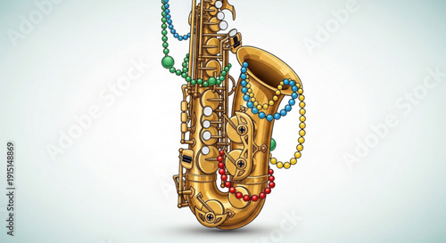 Golden saxophone adorned with colorful mardi gras beads on white background symbolizing jazz music and festive celebration