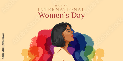 happy international womens day minimal banner design with illustration of different women face on yellow background