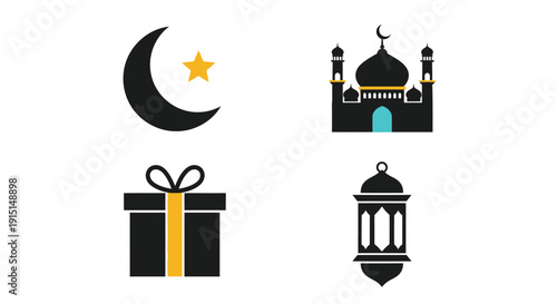 Islamic symbols including a crescent moon and mosque a striking silhouette