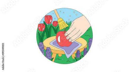 hand wiping red apple with purple cloth on yellow plate outdoors in garden with flowers and broom