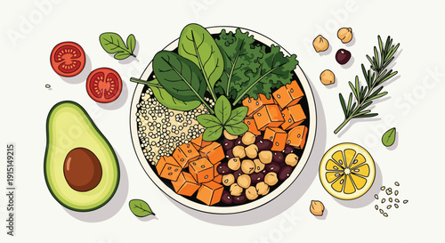 Vibrant vegan Buddha bowl with quinoa, spinach, sweet potato, chickpeas, and avocado, surrounded by fresh ingredients on a light background.