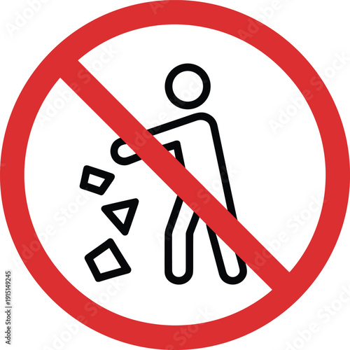 No littering prohibition sign with red circle and diagonal line, environmental cleanliness warning symbol isolated on white