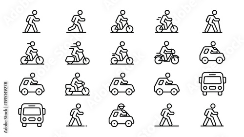line icons of people walking and riding bicycles and motorcycles and driving cars and buses