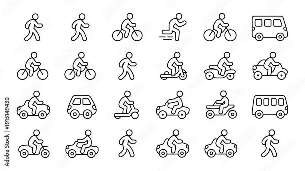 Naklejka premium line icons of people walking and riding vehicles